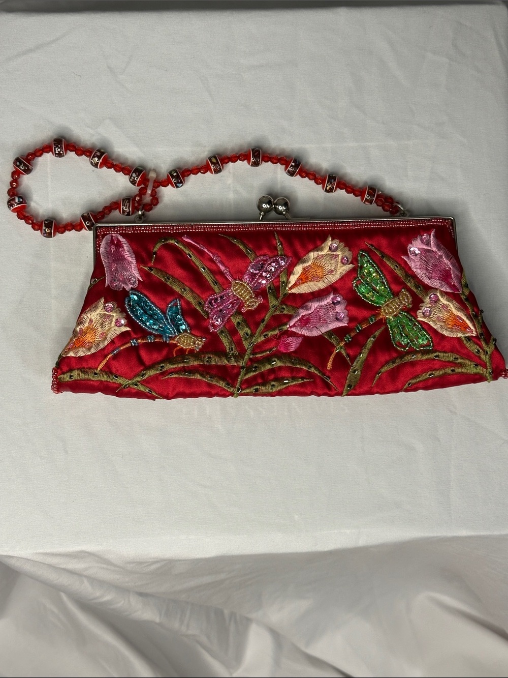 Red Embroidered Floral Beaded-strap Clutch